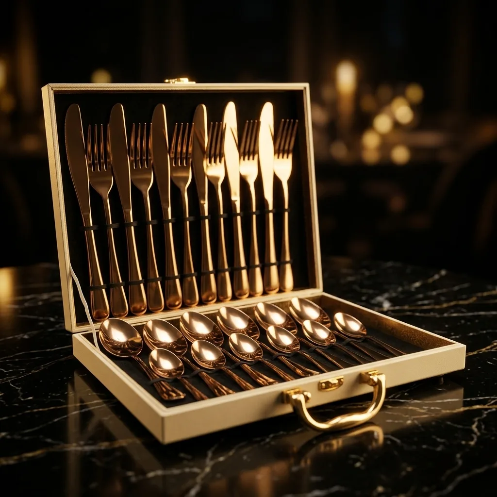 Gold cutlery set in velvet case on dark obsidian marble
