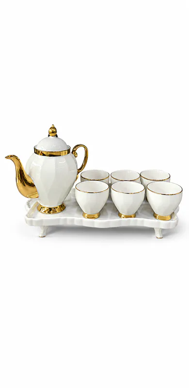 Luxury White & Gold Ceramic Tea Set with 6 Cups & Serving Tray β White & Green