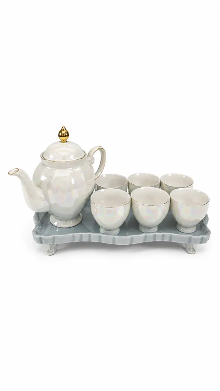 Pearlescent Elegance 7-Piece Ceramic Tea Set with Serving Tray β White & Blue