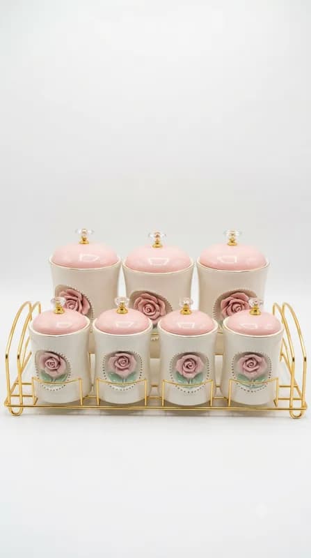 Luxurious Rose Motif Ceramic Canister Set with Golden Stand β White
