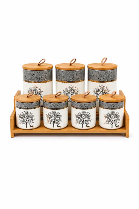 7-Piece Ceramic Canister Set with Bamboo Tray & Airtight Lids β White