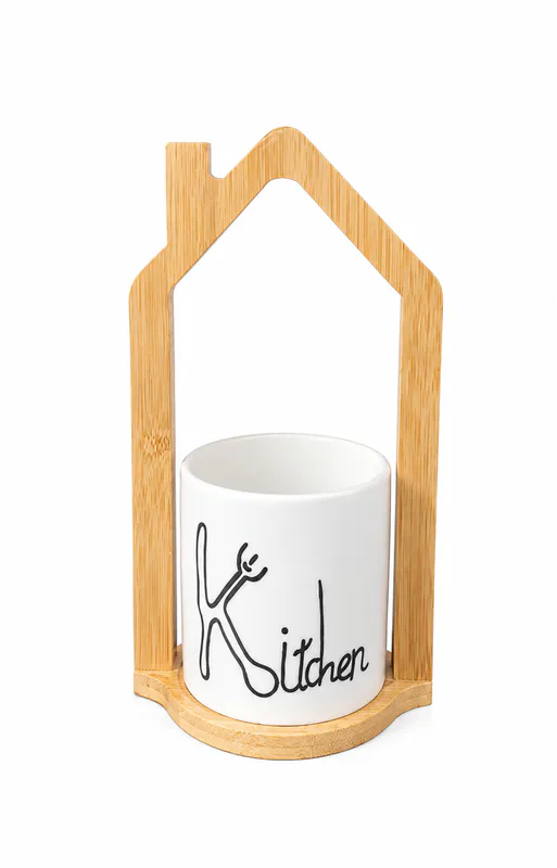 Stylish House-Shape Wooden Frame Cutlery Stand with Ceramic Pot and Spoon Organizer_16741-57 — White
