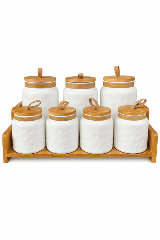7 Pcs Kitchen Storage Canister Set with Bamboo Wooden Lids & Tray, Multipurpose Food Storage Jars for Sugar, Tea, Coffee, Spices, Dry Fruits & Snacks β White
