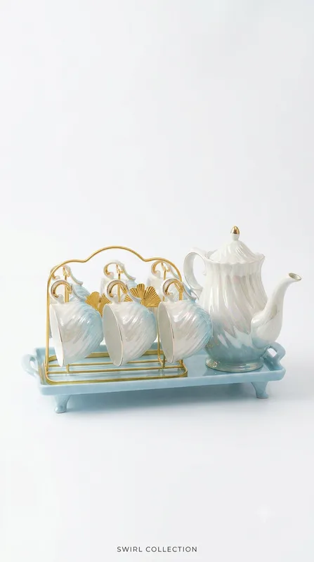 Elegant Porcelain Tea Set β 1 Teapot, 6 Cups & Serving Tray with Stand β White & Blue