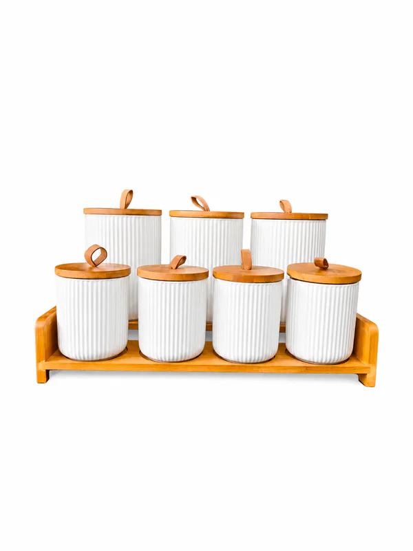 7-Piece Ceramic Kitchen Canister Set with Wooden Tray & Bamboo Lids β White