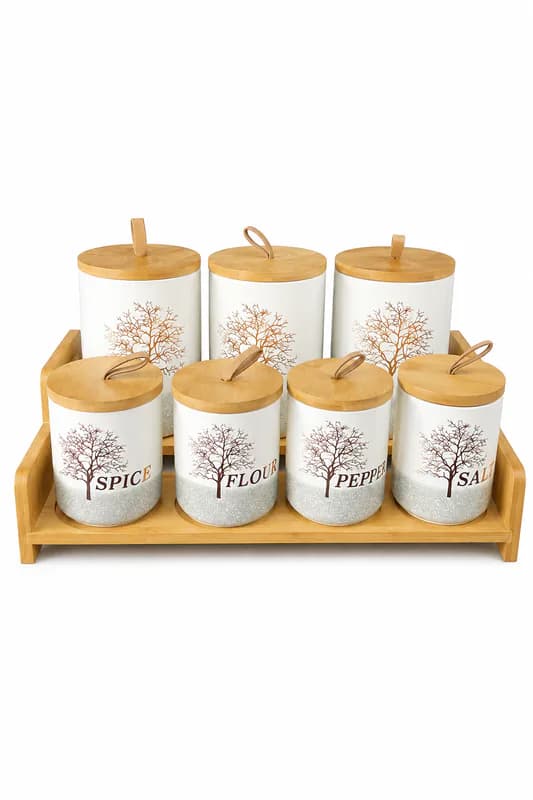 Elegant Ceramic Canister Set with Wooden Stand β White