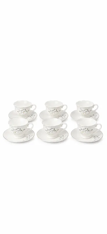 Classic Charm Floral Ceramic Tea Cup & Saucer Set | 6 Cups & 6 Saucers β White & Grey