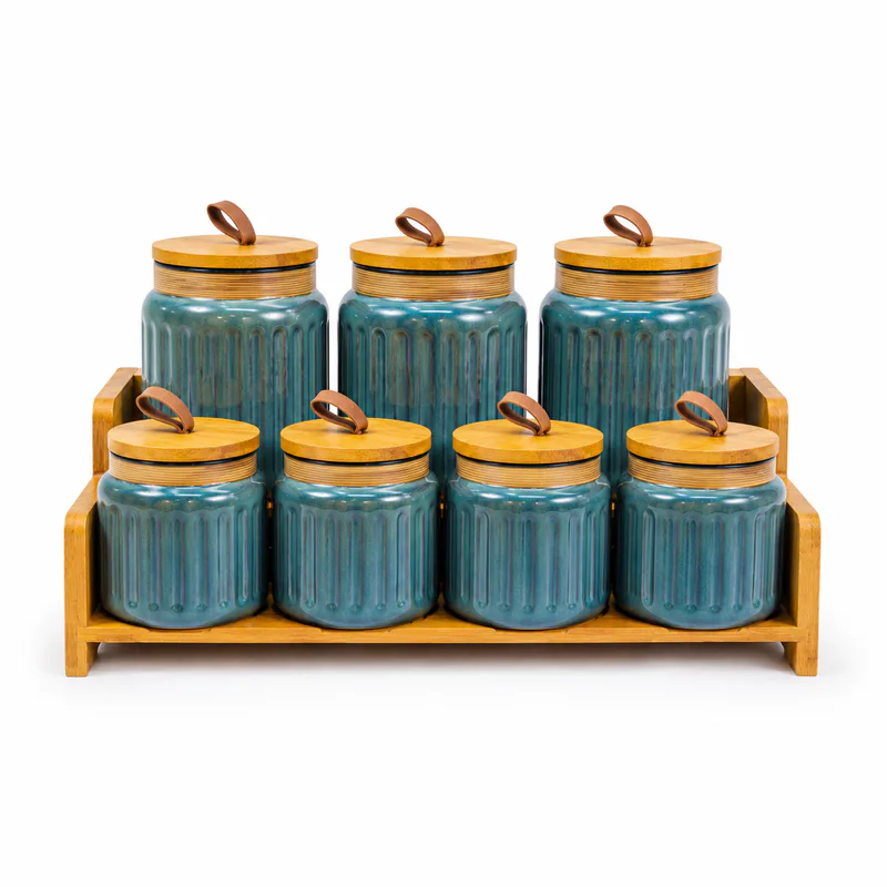 Premium 7-Piece Ceramic Storage Jar Set with Wooden Tray_LQ104 — Blue